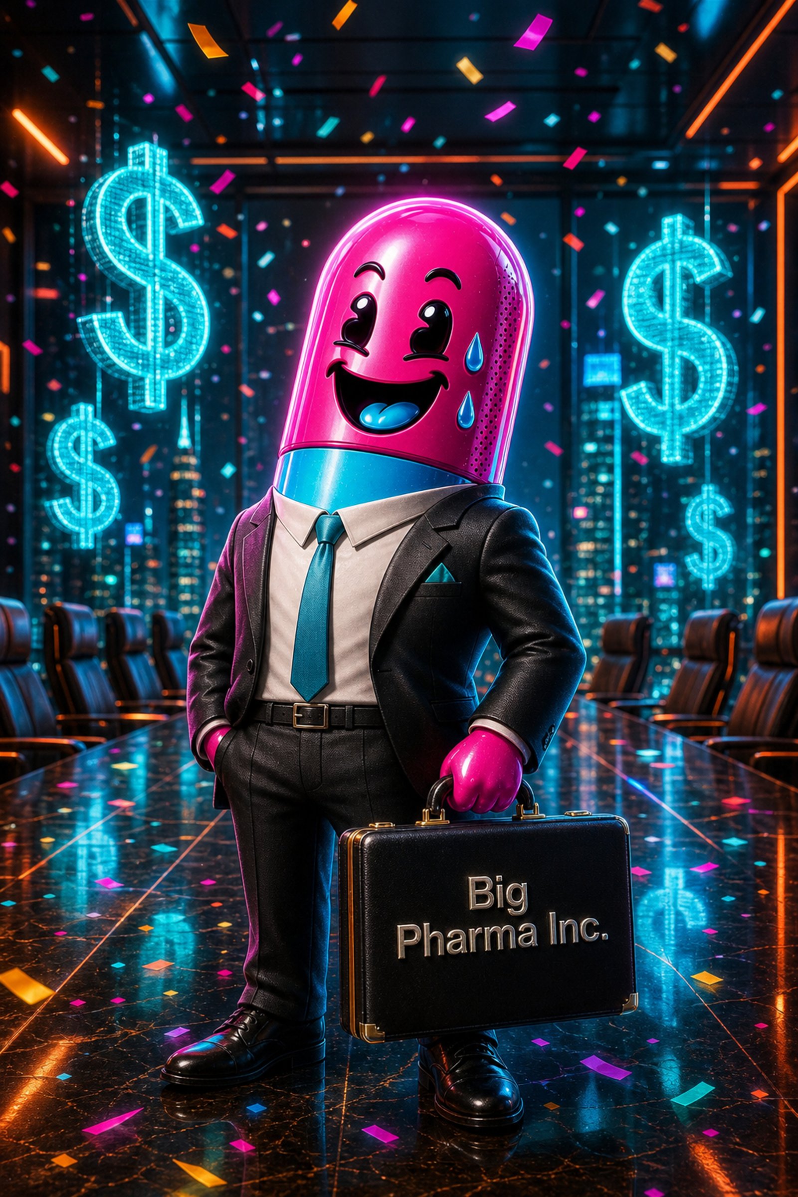 Smiling pink and cyan pill executive carrying a Big Pharma briefcase