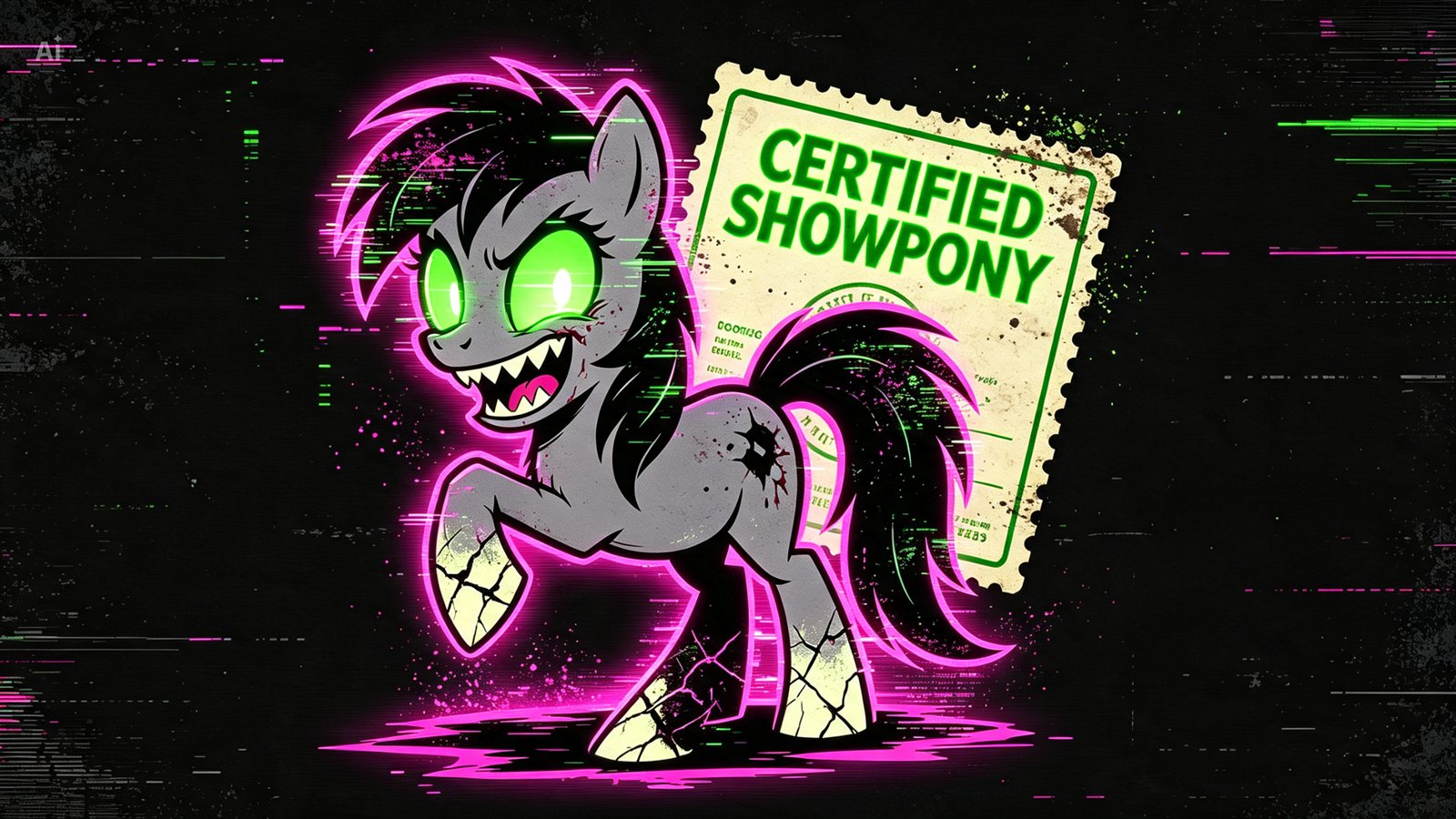 Glitchy neon pony mascot in front of a certified ShowPony card